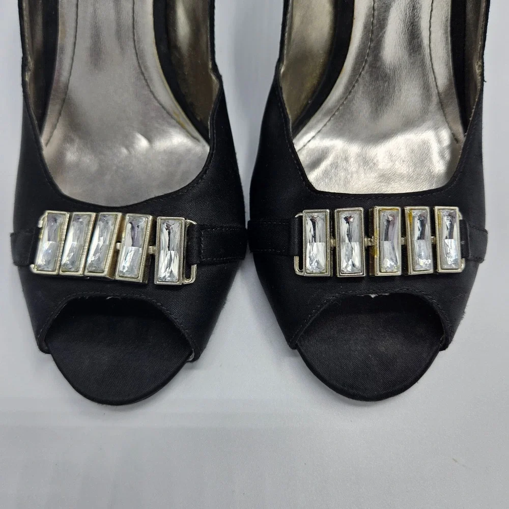 Style & Co Black Satin Peep Toe Crystal Embellished Evening Pumps Heels 7.5